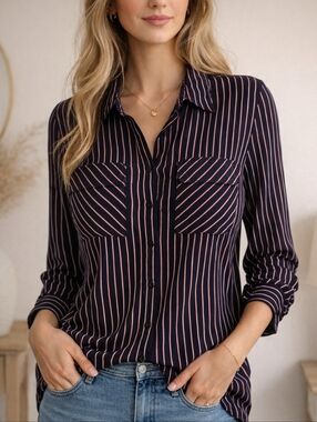Viscose Striped Blouse Navy White Button Down Size M Lightweight Women’s